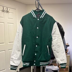 Men's Green and White Varsity Letterman Jacket